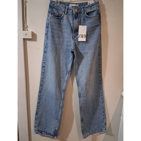 Zara Denim - Zara Straight Full Length Jeans Light Blue High Rise Raw Hem USA 4 EUR 36 NEW